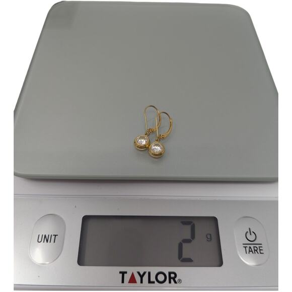 14K Gold Dangle Earrings | Round Bezel-Set CZ Drops | 2g | DQCZ JCM Stamped - Picture 6 of 7